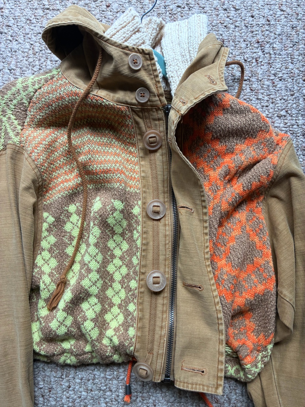 Free People Brown Jacket with Orange & Lime Knit Accents